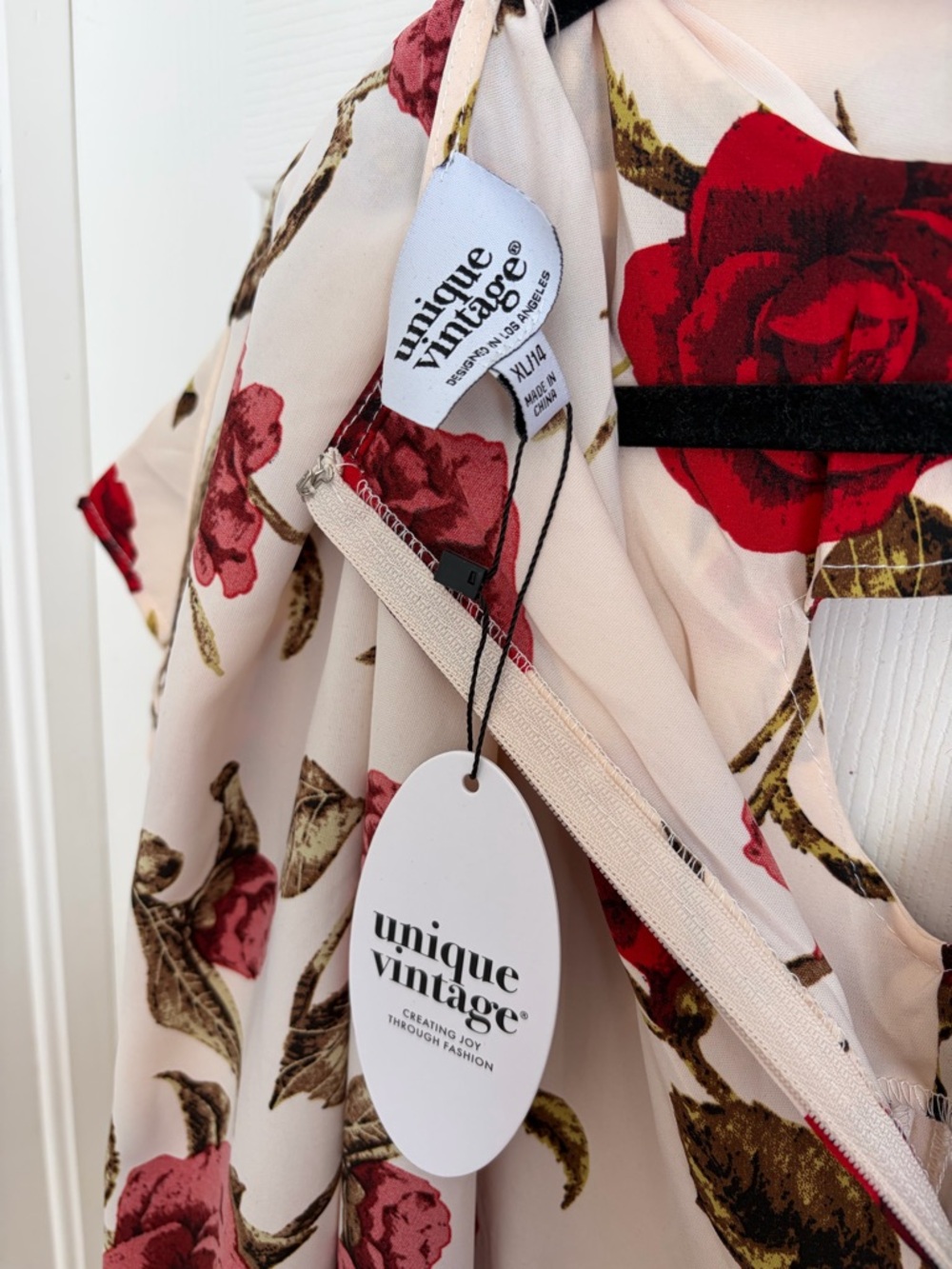 Unique Vintage Cream Midi Dress with Red Rose Print and Scarf Tie - Picture 4 of 4